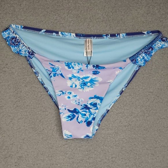 Nanette Lepore Womens Bikini Swim Bottom Blue Purple Floral Ruffle Straps 10 New - Picture 1 of 8